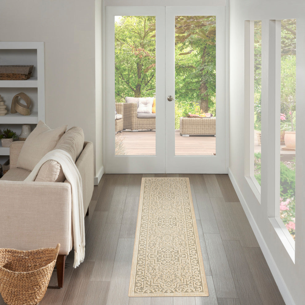 Nourison Tulum 2'2" x 8' Taupe Olive Outdoor Rug