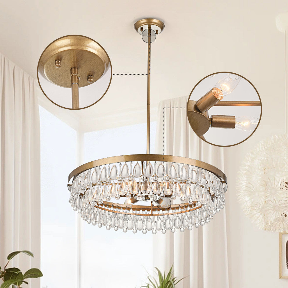 Mia Crystal 6-light Chandelier, Brushed Brass