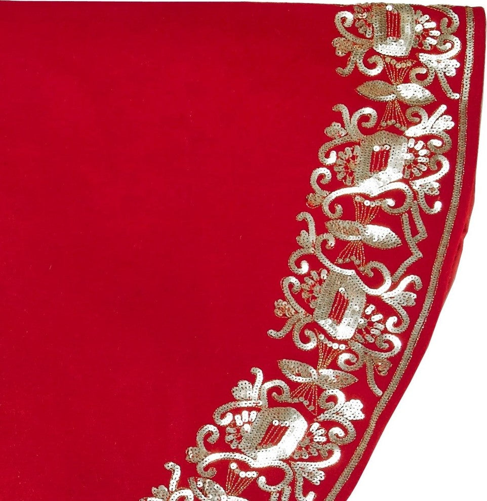 Hand Beaded Red Empress Christmas Tree Skirt in Recycled Wool, 60"