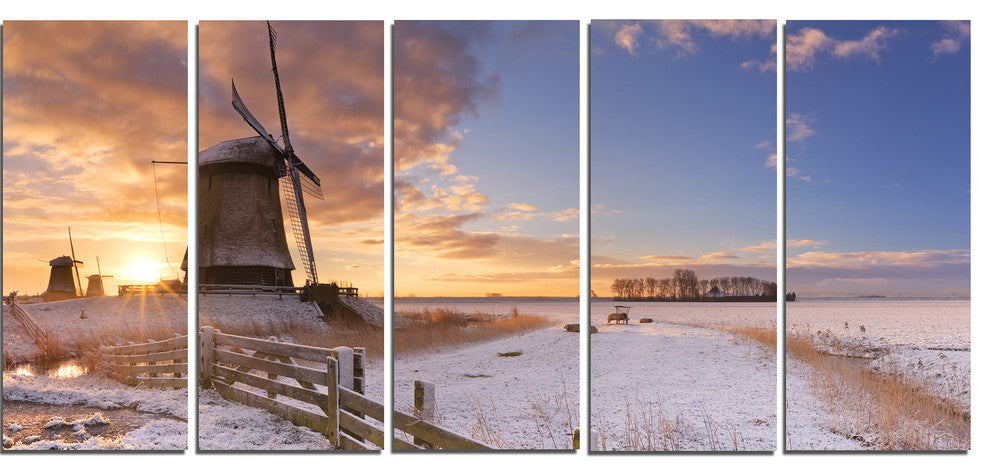 Dutch Windmills at Sunrise, Abstract Canvas Art Print, 60"x28", 5 Panels