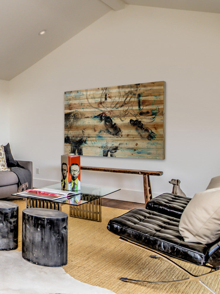 "Conversating Deer" Painting Print on Natural Pine Wood, 60"x40"