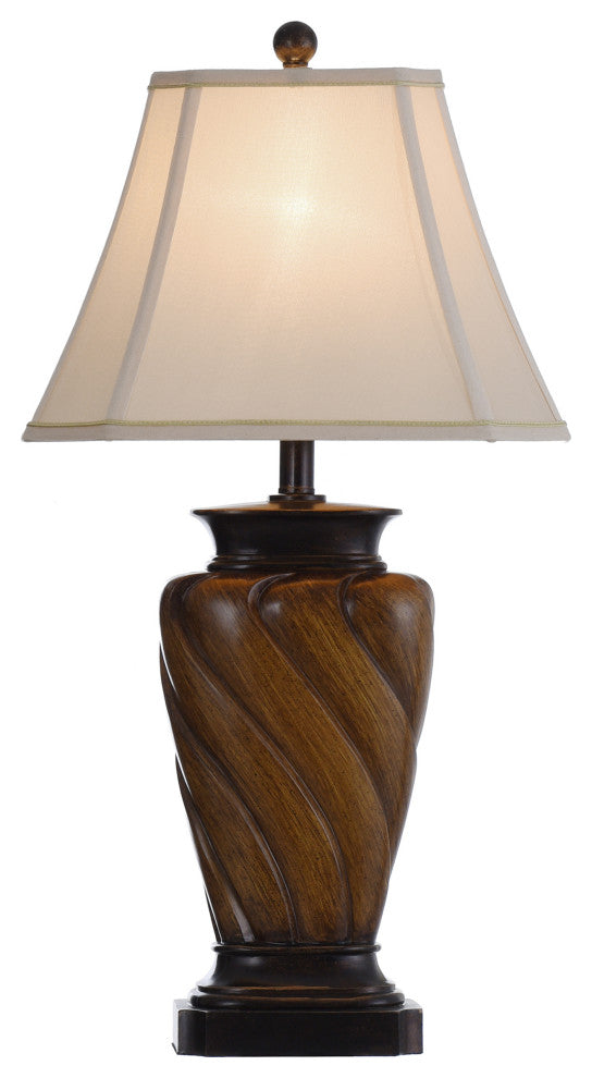 Classic Table Lamp With Toffee Wood Finish and Rectangle Cut Corner Bell Shade