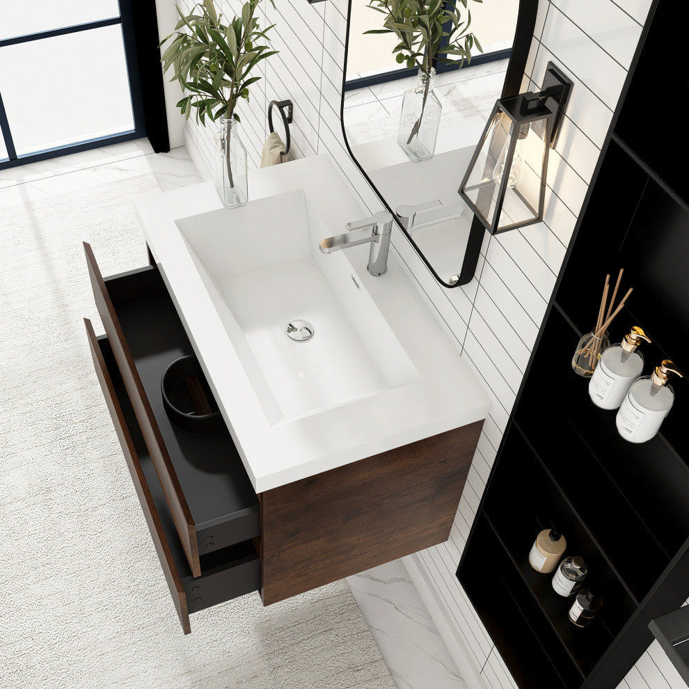 Wall-Mounted Bathroom Vanity with Integrated Resin Sink, Rose Wood, 36in.