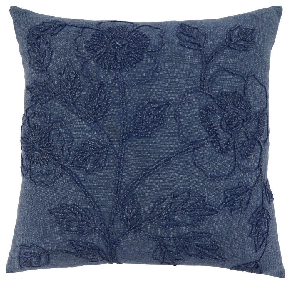 Poly Filled Throw Pillow With Stone Washed Floral Design, 20"x20", Denim