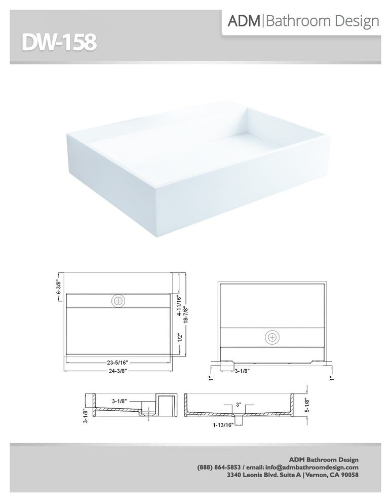 ADM Rectangular Wall Mounted Sink, White, 24", Matte White