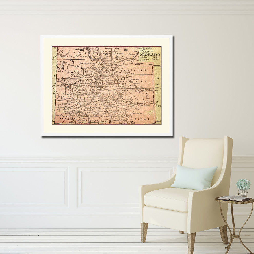 Colorado Old Map Print On Canvas With Picture Frame Art Collection 16" X 21"