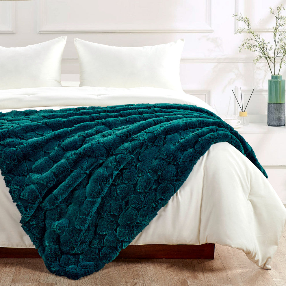Cloud Carved Faux Fur Throw Blanket, Teal