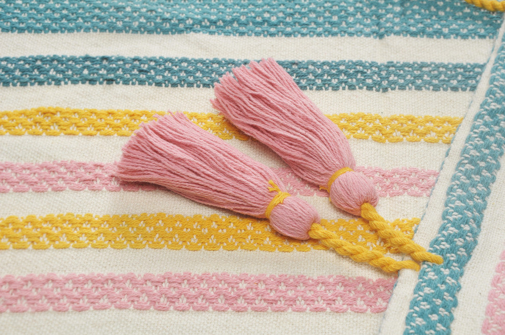 Pink, Blue, and Sunny Striped Throw Blanket With Tassels