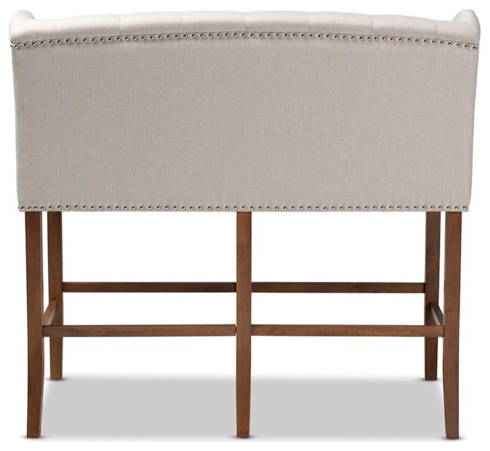 Alira Beige Fabric Upholstered Walnut Wood Button Tufted Bar Stool Bench