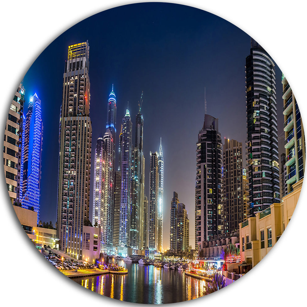 Dubai Downtown In Summer Night, Cityscape Photo Round Wall Art, 11"