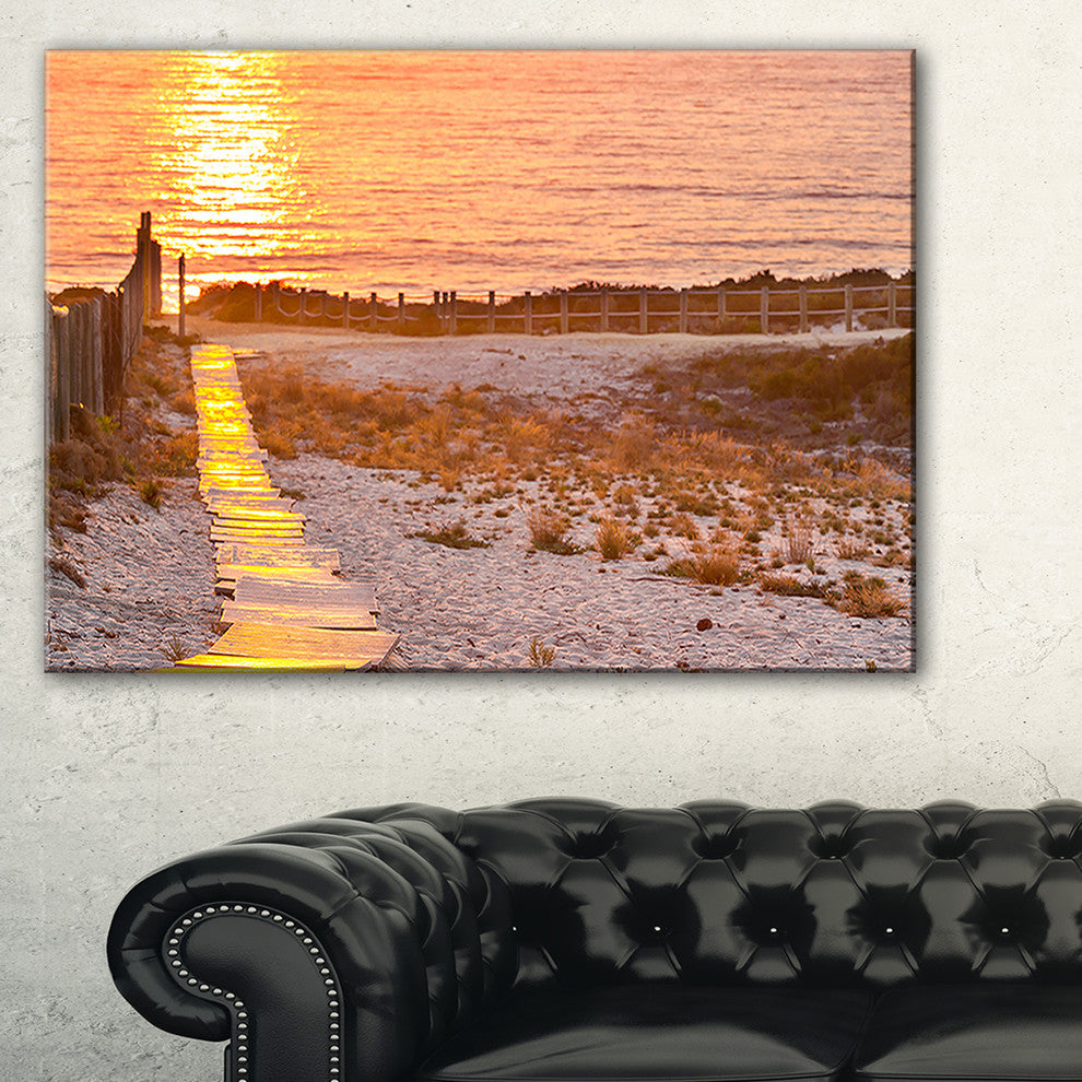 "Yellowish Boardwalk Into Seashore" Sea Bridge Canvas Art Print, 40"x20"