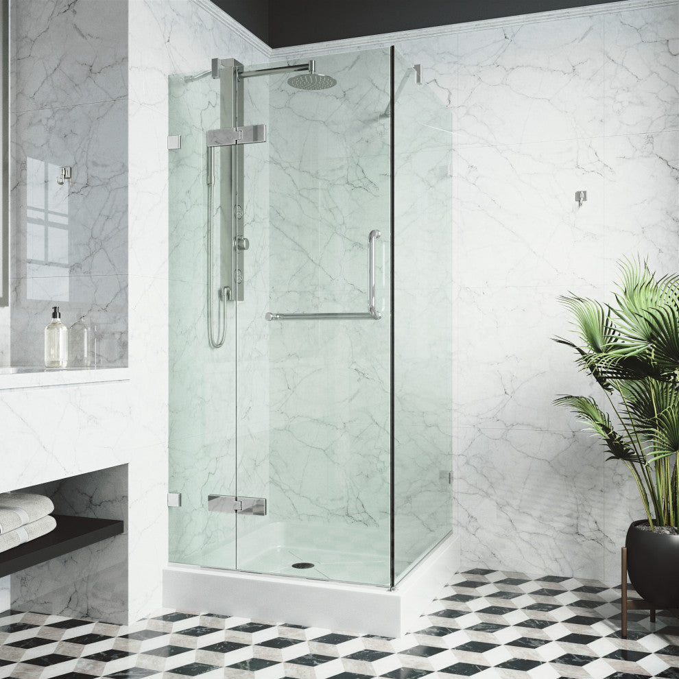 VIGO Monteray 32''D x 32"W x 79"H Frameless Hinged Shower Enclosure, Chrome, With Base
