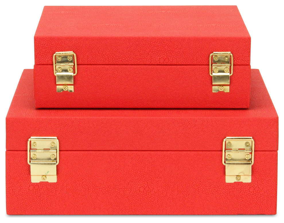 Lusan Square Decorative Box Set, Red Faux Shagreen