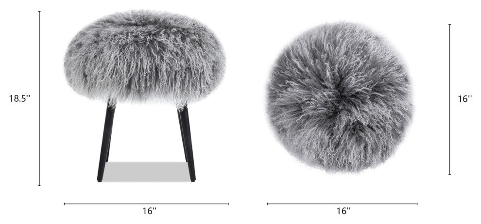 Alberta 16" Mongolian Sheepskin Genuine Fur Round Ottoman, Dimensional Gray