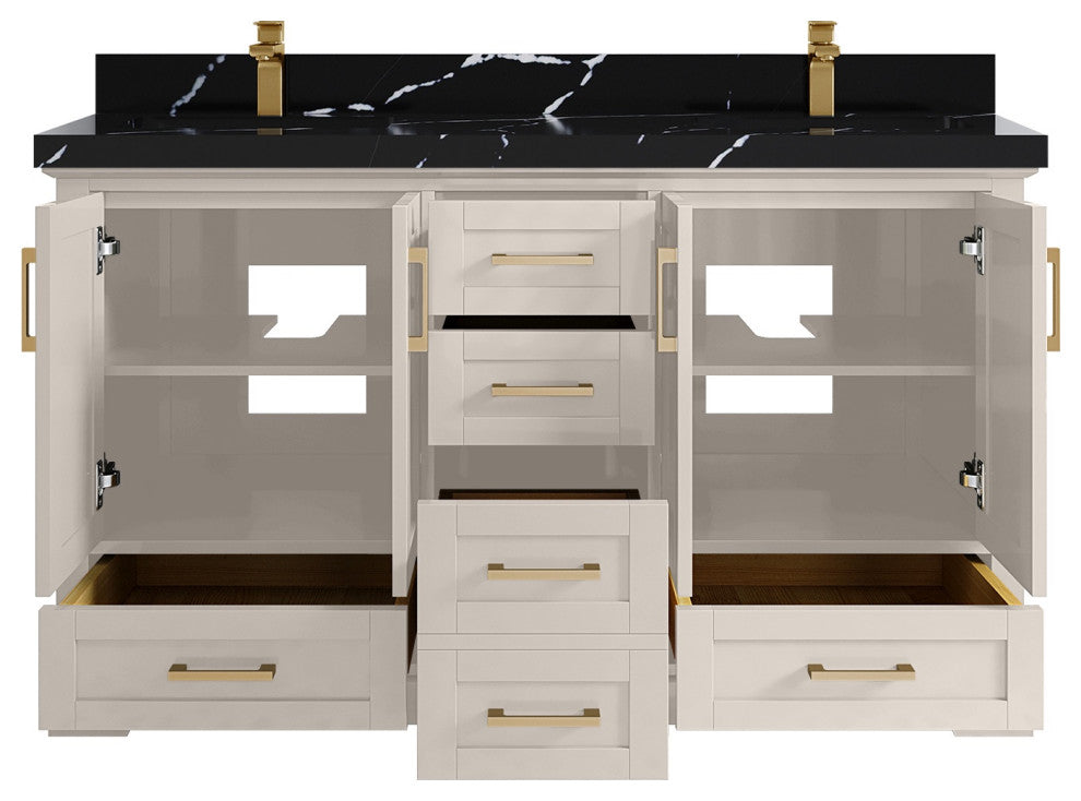 Boston 60" Double Bathroom Vanity in Fine Grain 2" Calacatta Black