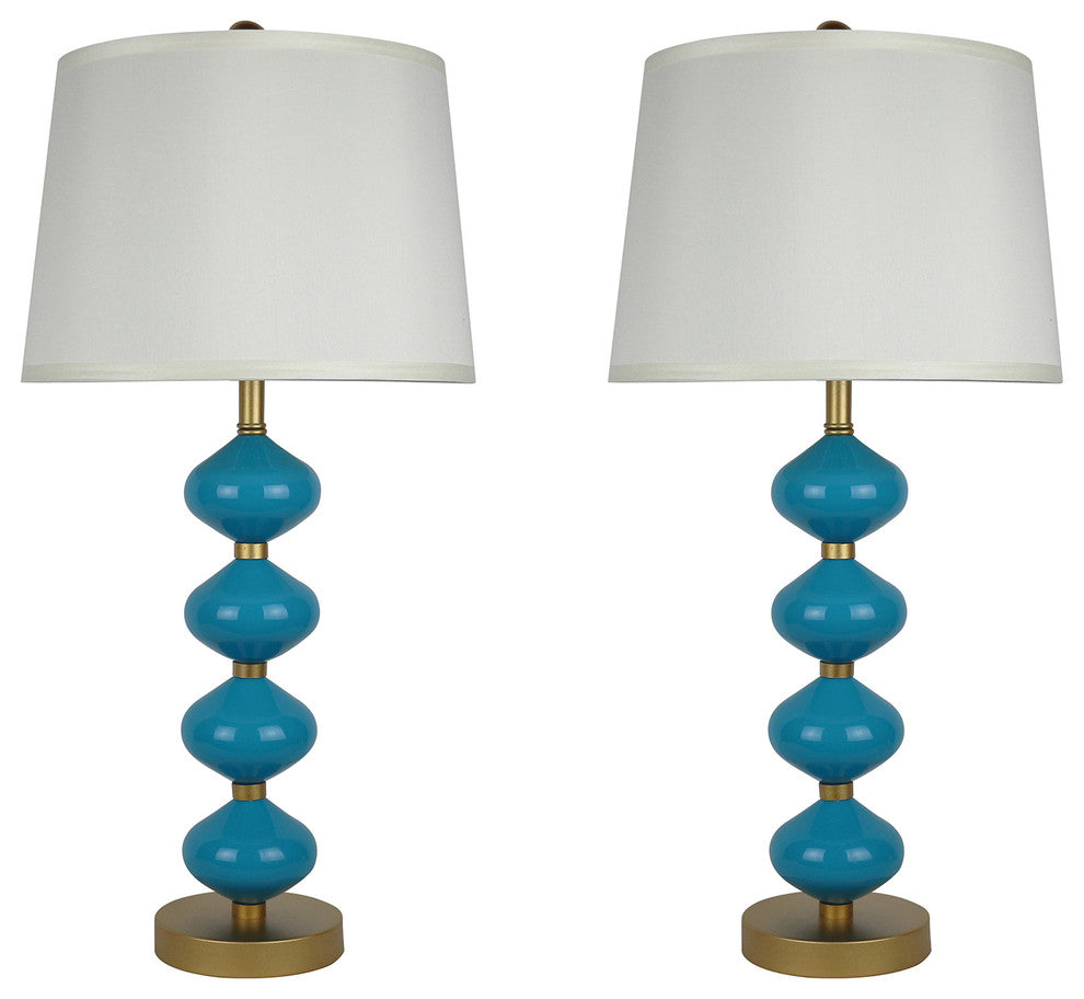 Set of 2 Beautor Lamps, Gold & Teal Glass with Cream Shades