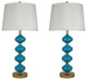 Set of 2 Beautor Lamps, Gold & Teal Glass with Cream Shades