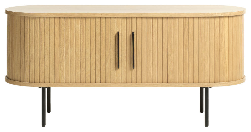 Mid-Century Modern Rounded Sliding Door TV Lowboard, Natural Oak, 47"