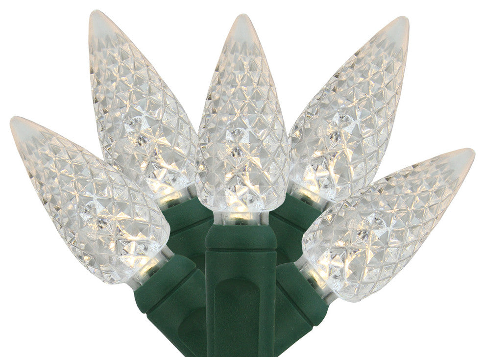 Set of 35 Warm White LED C6 Faceted Christmas Lights 6" Spacing, Green Wire