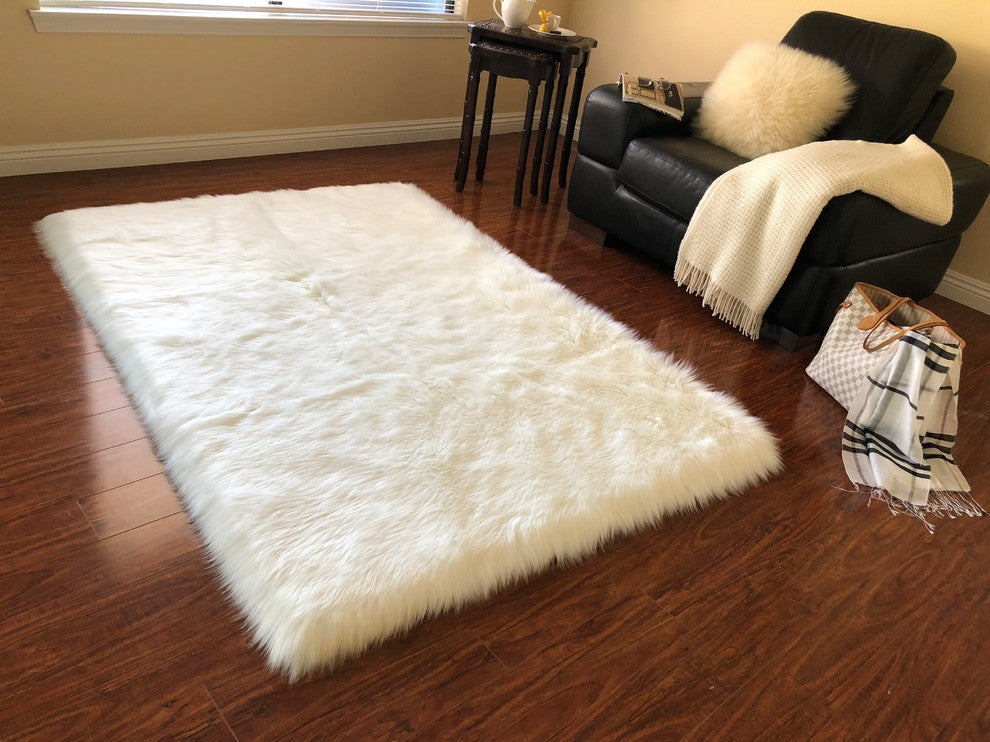 Super Soft Faux Sheepskin Silky Shag Rug, White, 6' Square