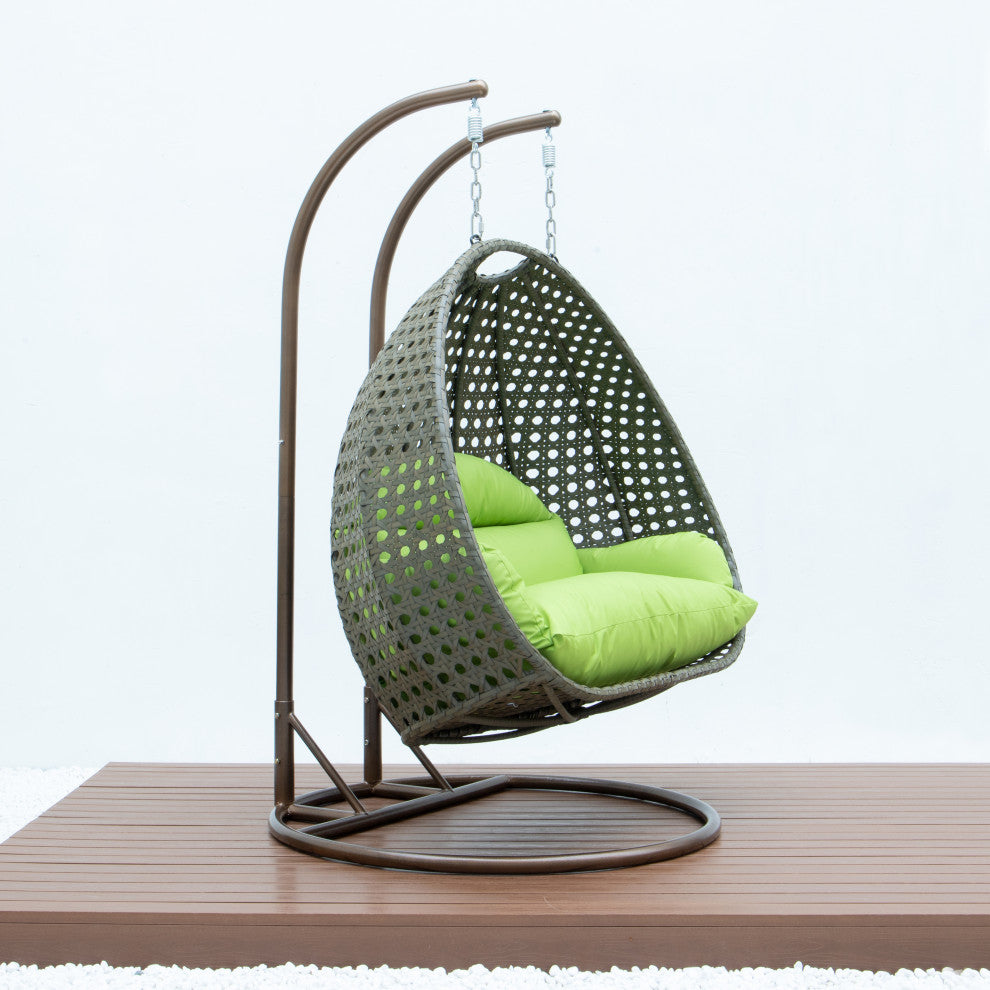 2 Person Beige Wicker Double Hanging Egg Swing Chair, Light Green