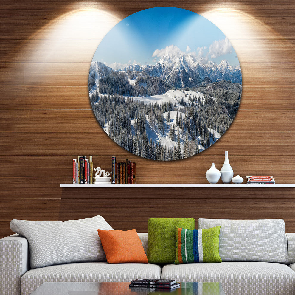 Austrian Alps Winter Panorama, Landscape Disc Metal Artwork, 11"