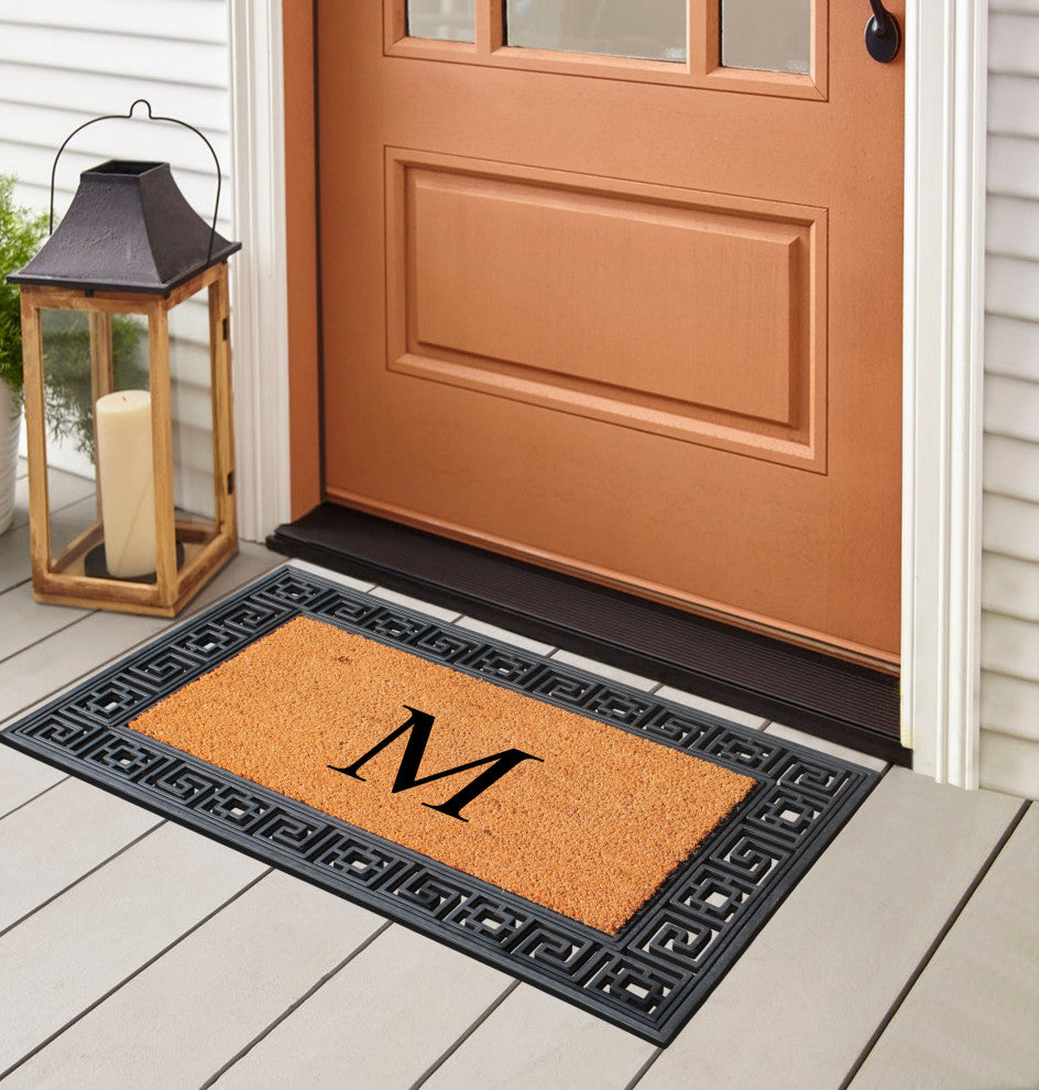 Rubber And Coir Greek Key Black Border 24"x36", Outdoor Monogrammed Doormat, M