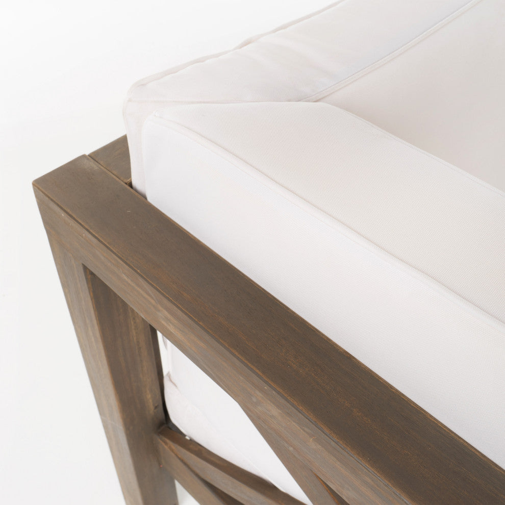 GDF Studio Brava Outdoor 4 Piece V-Shaped Acacia Wood Sectional Sofa Set, White