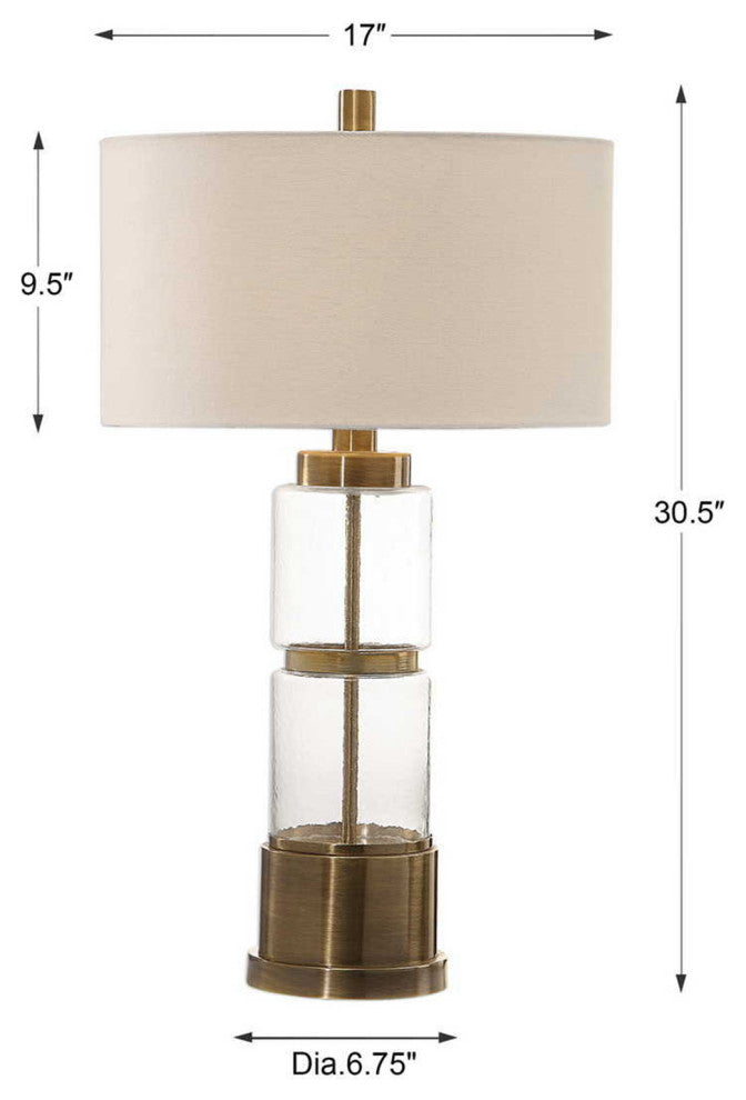 Mid Century Hammered Glass Cylinder Table Lamp, Brass Bronze White Round Clear