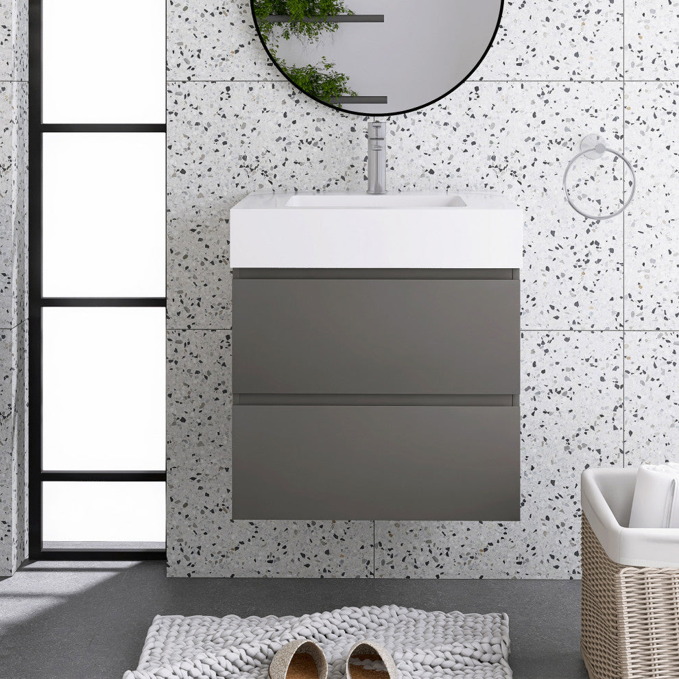 Wood Wall-Mounted Bathroom Vanity Set with Integrated Resin Sink, Grey, 24"
