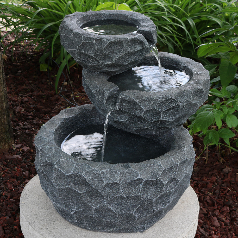 Sunnydaze Chiseled Basin Small Outdoor Solar Fountain, 3-Tier, Solar-on-Demand