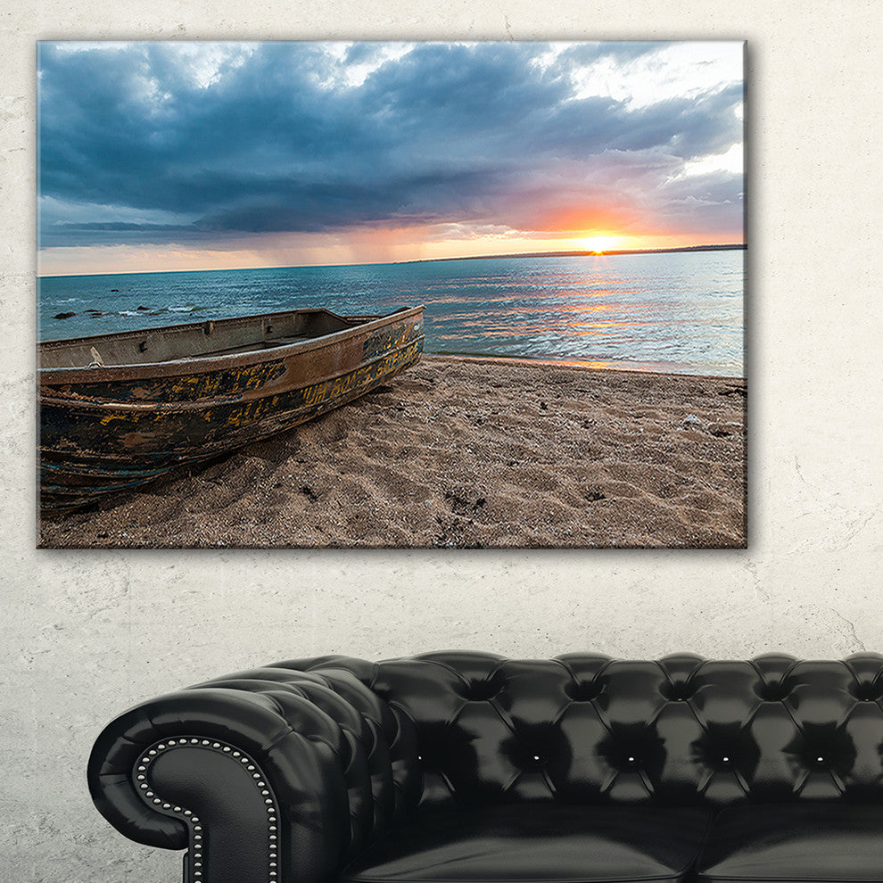 "Rusty Row Boat On Sand At Sunset" Seascape Art Canvas, 40"x30"