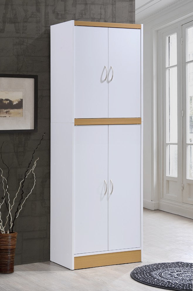 Hodedah 4 Door Kitchen Pantry with 4 Shelves 5 Compartments in White Wood