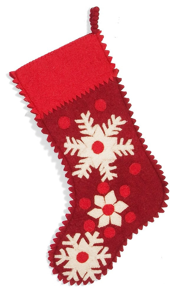 Red Felt with Cream Snowflakes Christmas Stocking
