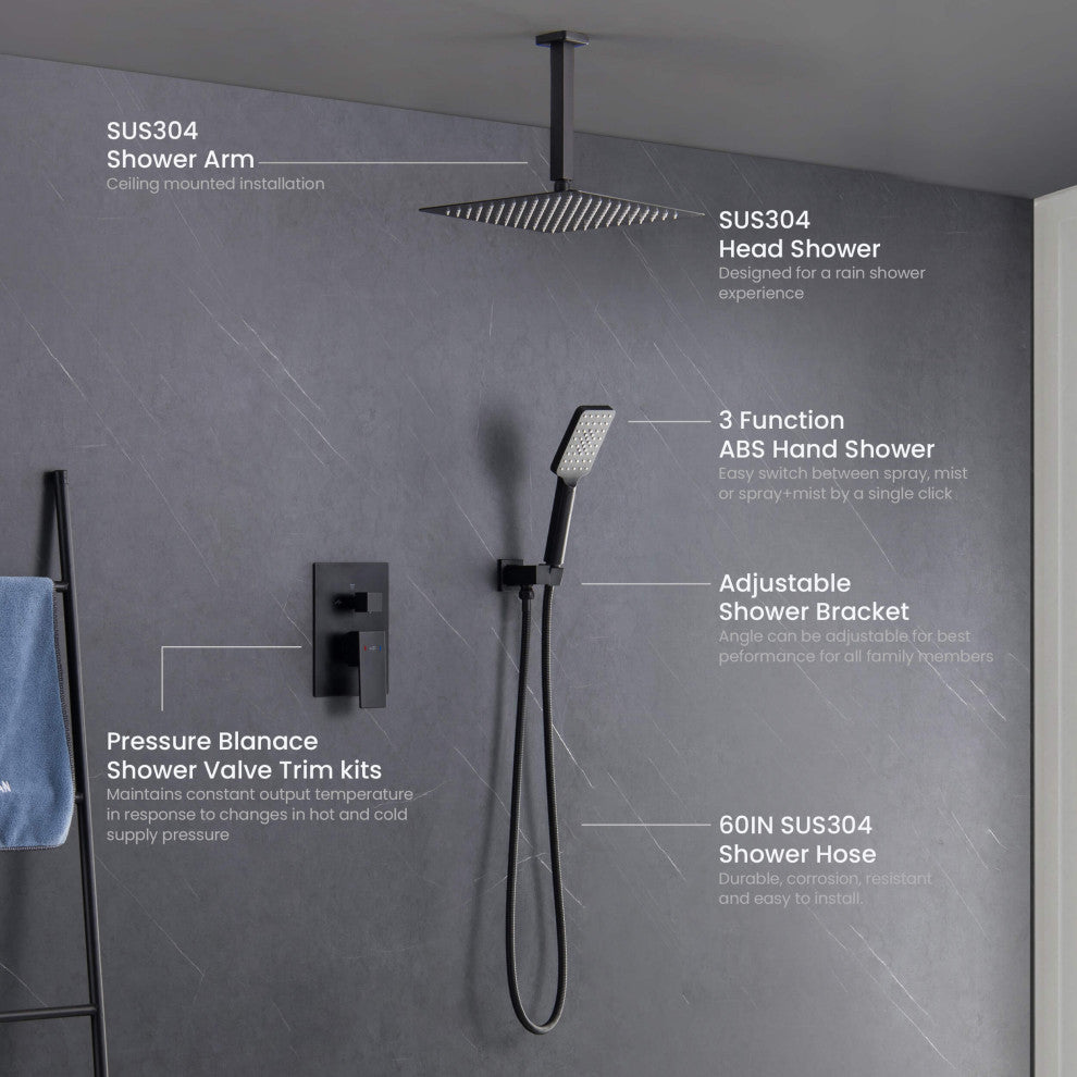 Ceiling Mounted 2-Function Shower System, Rough, Valve, Matte Black