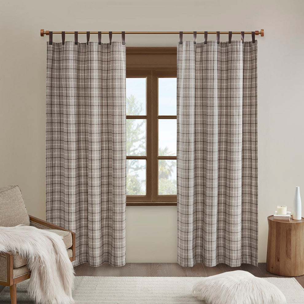 Madison Park Anaheim Plaid Window Panel with Fleece Lining, Beige, Brown, 50x84", Leather Tap Window Panel