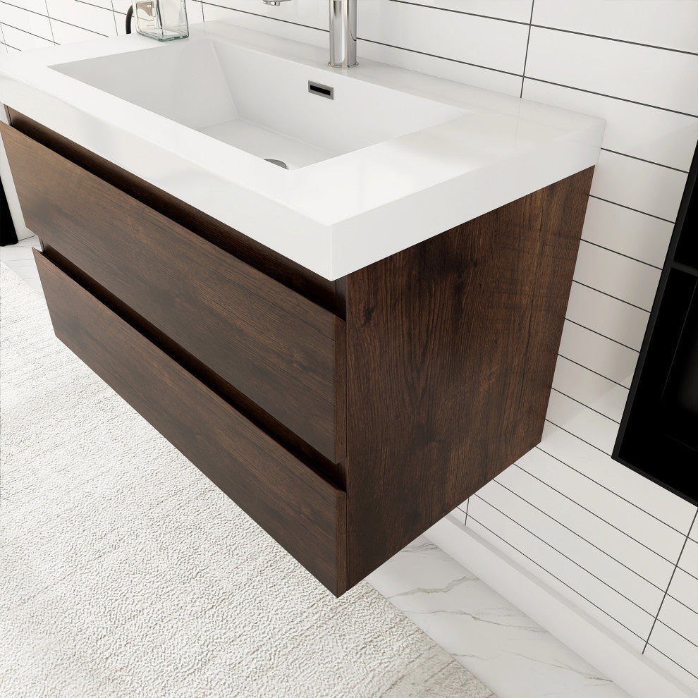 Wall-Mounted Bathroom Vanity with Integrated Resin Sink, Rose Wood, 36in.