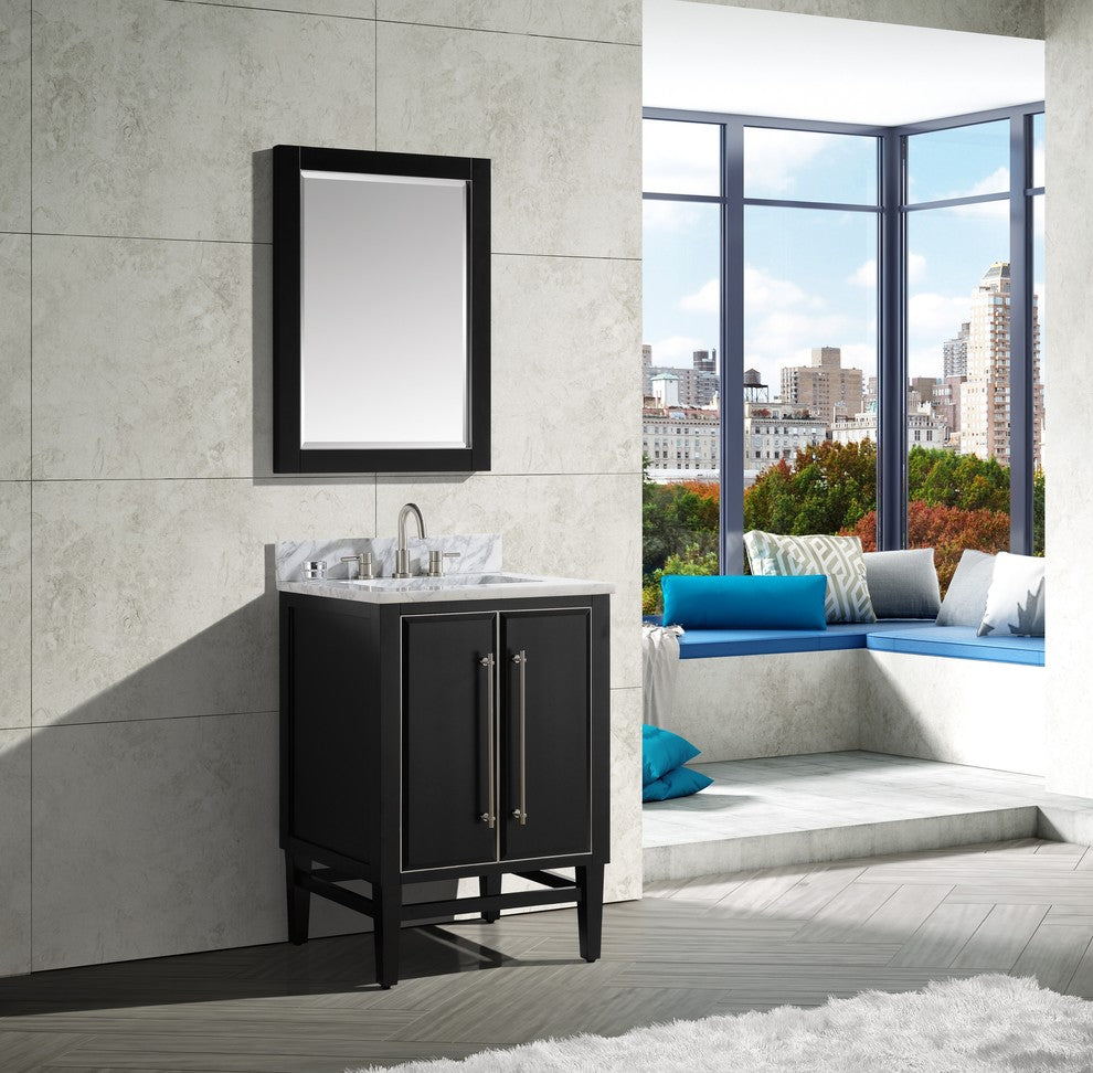 Mason 25" Vanity Combo, Black, Brushed Silver / Natural 1" Carrara White Marble Countertop and Backsplash