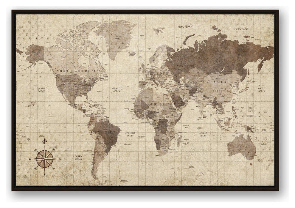 Distressed World Map Walnut Floating Framed Canvas, 32"x48"