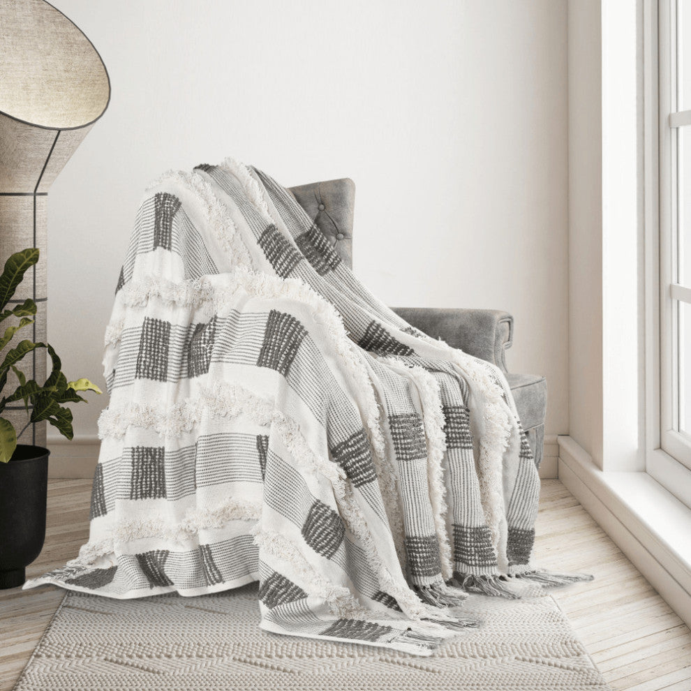 Gray and White Woven Cotton Checkered Throw Blanket