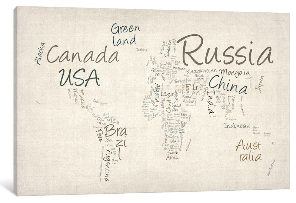 "World Map In Words II" Wrapped Canvas Art Print, 18x12x1.5