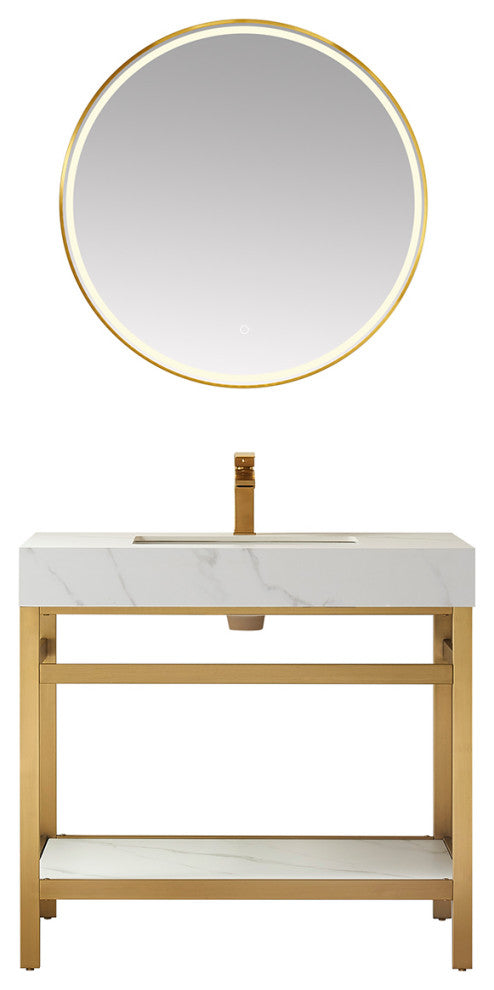 Funes Bath Vanity with Mirror, Brushed Gold Support, 36'', White Stone Top
