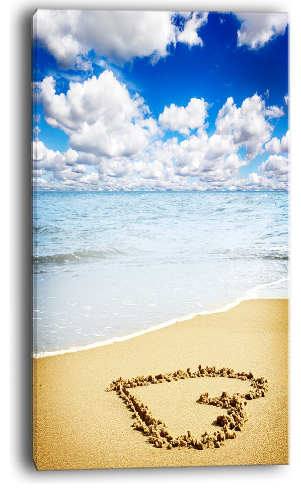 "Massive Heart Drawn On Serene Beach" Seashore Canvas Wall Art, 16"x32"