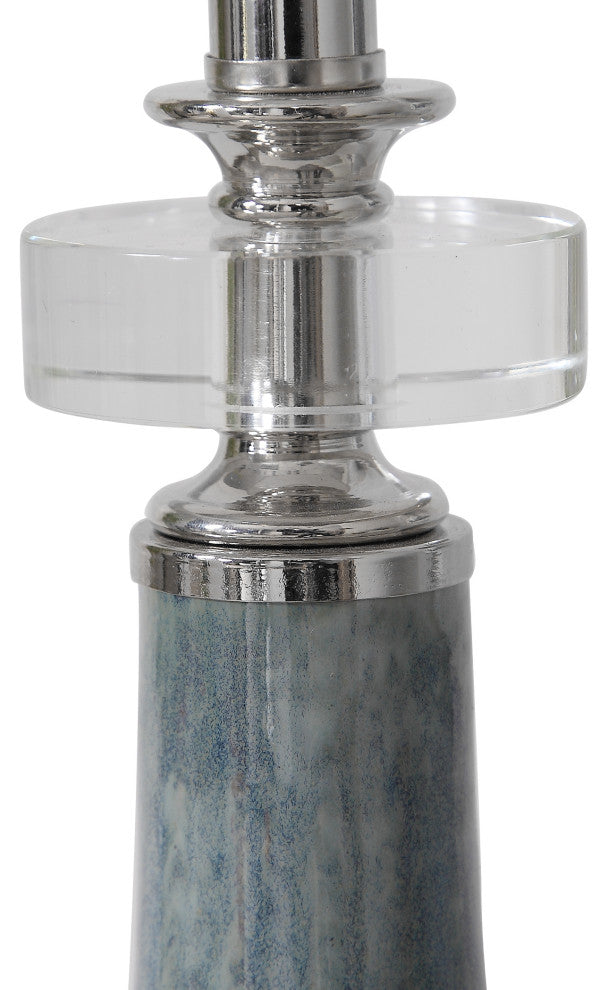 Soft Blue Mottled Ceramic Tall Shade Buffet Lamp Silver Elegant