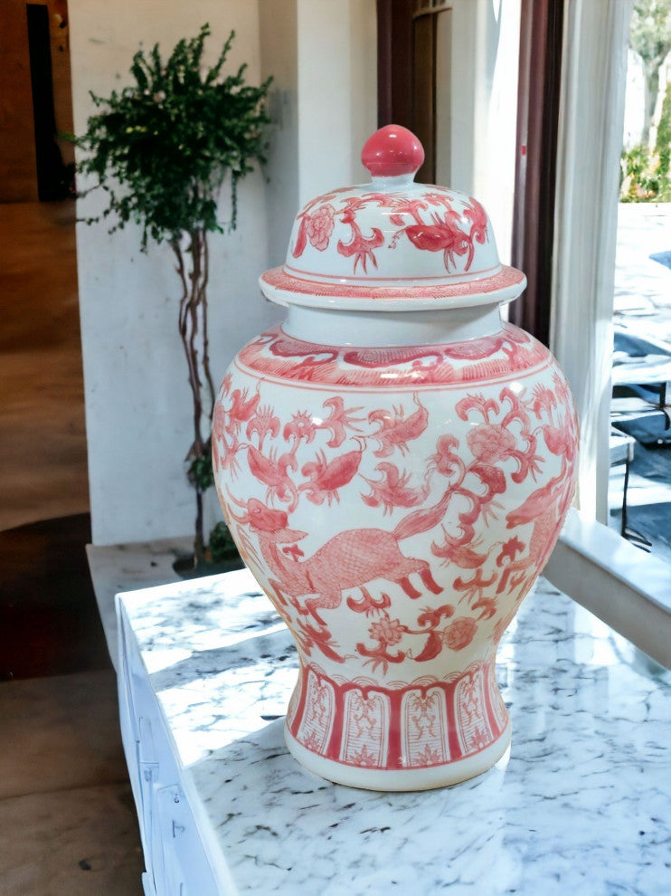 17" Porcelain Ginger Jar With Chinoiserie Deer Design