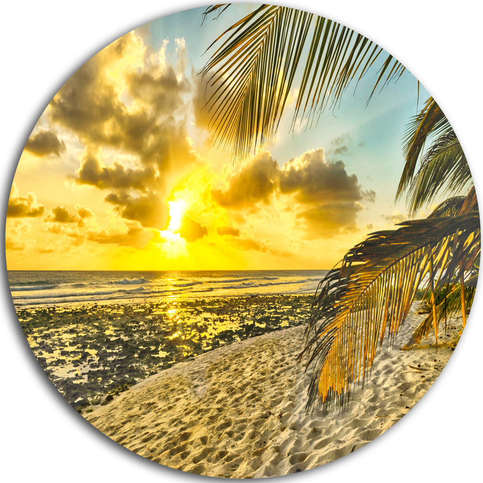 White Caribbean Beach With Palms, Landscape Disc Metal Wall Art, 11"