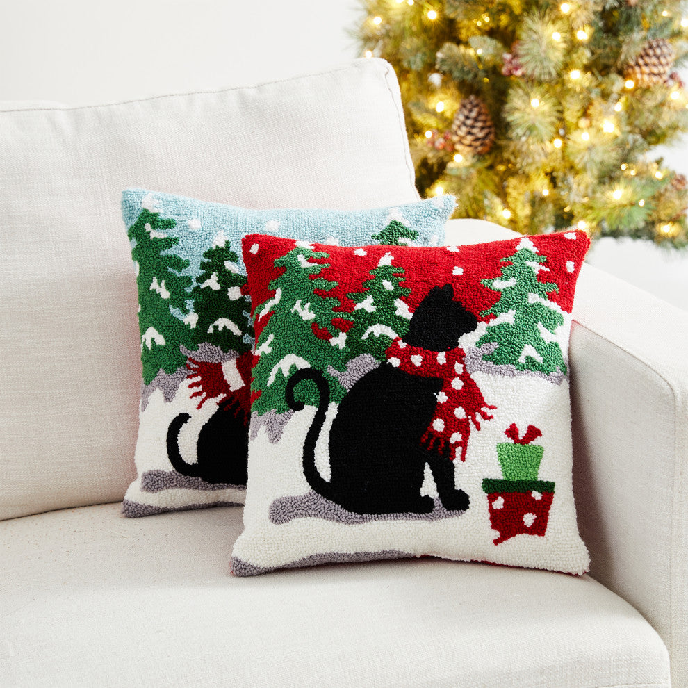 2pk 14"L Hooked Christmas Dog and Cat Pillow