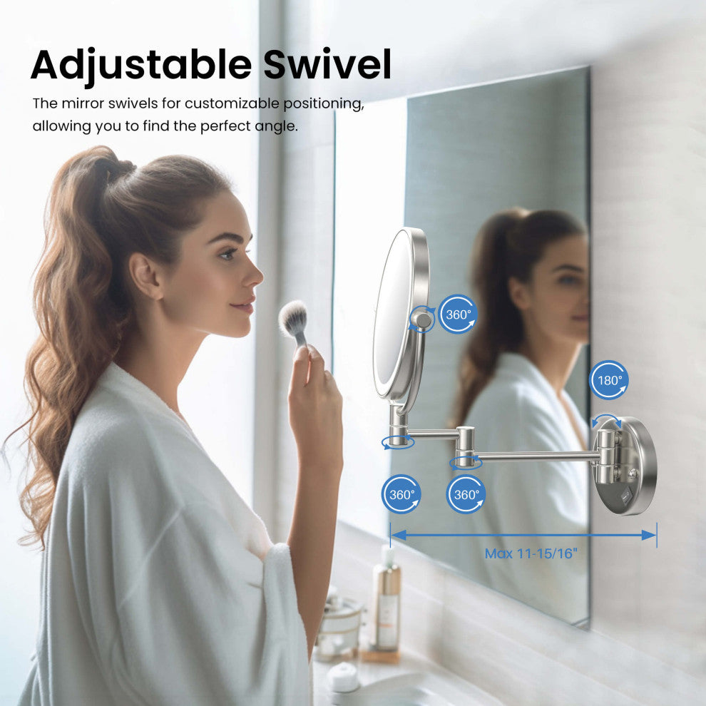 Circular LED Wall Mount Magnifying Make Up Mirror, Brushed Nickel