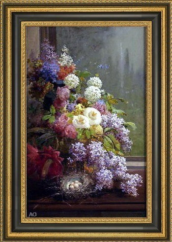 Thomas Hill Still Life Flowers and Fruit  Framed Premium Canvas Print, 18"x27"