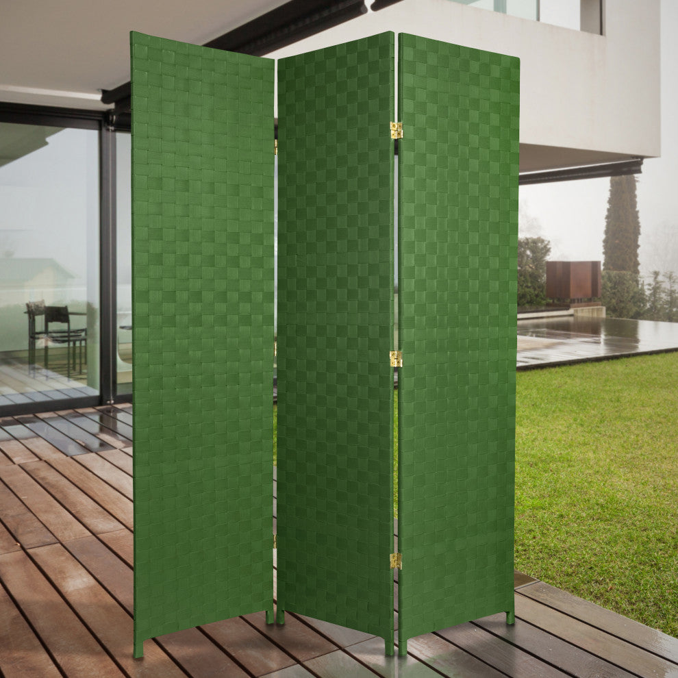 6' Tall Woven Fiber Outdoor All Weather Room Divider, 3 Panel, Green